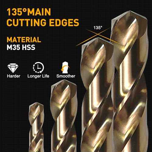M35 Cobalt Drill Bit Set, 29Pcs High Speed Steel Twist Jobber Length Drill Bit Kit for for Hardened Metal, Stainless Steel, Cast Iron, Wood and Plastics with Index Storage Case, 1/16" - 1/2"