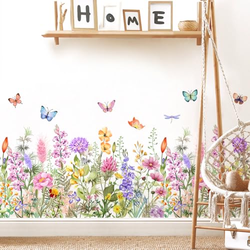 Floral Plants Grass Wall Stickers Colorful Butterfly Flower Wall Decals Wildflower Garden Wall Murals Peel and Stick Girls Bedroom Classroom Vinyl Wall Decals MS3167