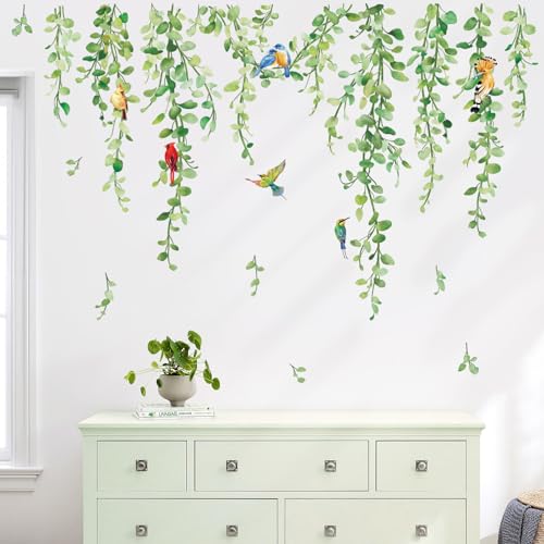 wondever Hanging Vines Wall Stickers Plants Green Leaves Birds Peel and Stick Wall Art Decals for Living Room Bedroom Sofa TV Background Office
