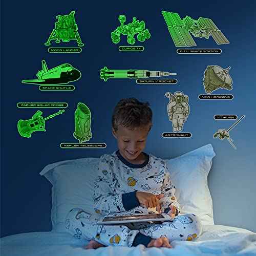 Glow in The Dark Space Craft Wall Stickers Peel and Stick - 10 Large Bright Spaceship Wall Decals for Bedroom and Ceilings - Glow in The Dark Stars Accessory Decoration for Boys and Girls