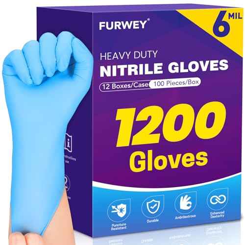 Heavy Duty Disposable Nitrile Gloves 6Mil-1200 Count,Latex Free,Powder Free for Cleaning Cooking Food Prep and Medical