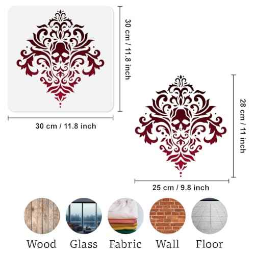 Skull Damask Stencil for Painting, 11.8"x11.8"Reusable Spliced Halloween Stencil Drawing Template, Baroque Retro DIY Craft Paint Template for Wall Home Decor Wood Burning Card Journal Canvas