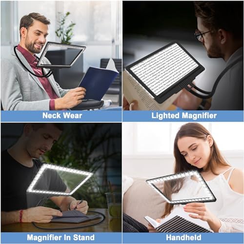 5X Hands Free Magnifying Glass with Light and Stand 43 Ultra-Bright LEDs, Page Magnifier for Reading, Neck Wear Large Magnifying Glass for Reading Small Prints Low Vision Elderly(Black)