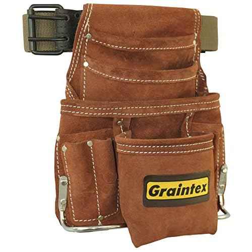 Graintex SS2976 10 Pocket Nail & Tool Pouch Brown Color Suede Leather with 2¡± Leather/Webbing Belt for Constructors, Electricians, Plumbers, Handymen