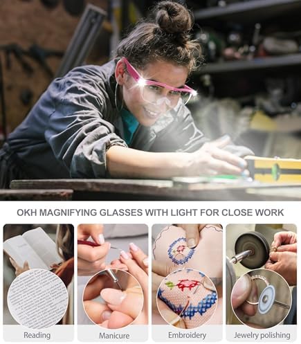 OKH 200% Magnifying Glass with Light, Rechargeable Lighted Magnifying Glass, Jewelry Magnifier with 2 LED Lights, Pink Magnifying Glasses for Close Work Reading Crafts Jewelry