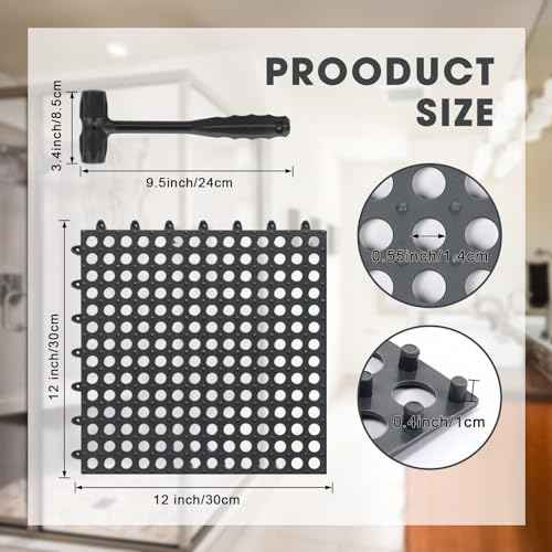 12 Pack Drainage Tiles Modular Interlocking Floor Tiles with 1 Pc Plastic Hammer 12" x 12" Cushion Mat Non Slip Rubber Floor mat with Holes for Pool Bathroom Deck Kitchen Patio (Black)