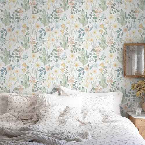 Heroad Floral Wallpaper Peel and Stick Boho Contact Paper Wildflower Botanical Wallpaper Removable Self-Adhesive Floral Contact Paper for Bedroom Bathroom Decoration Thicken Vinyl 17.3'' x 78.7''