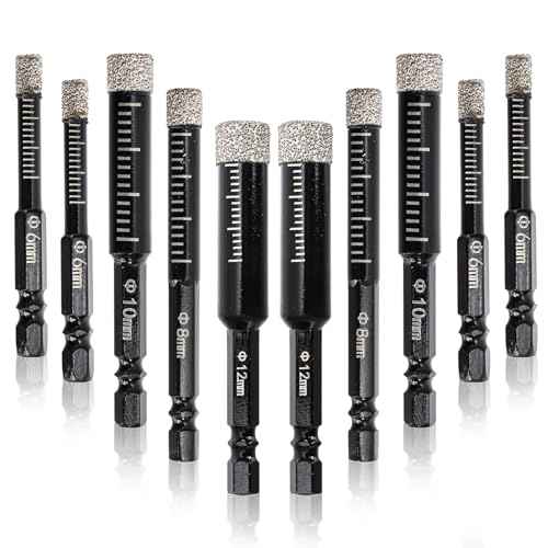 Hacaroa 10 Pack Dry Diamond Drill Bit Set, 1/4 5/16 3/8 1/2 Inch Diamond Core Drill Bits for Tile, Ceramic, Glass, Marble, Granite, Stone, 6, 8, 10, 12mm, 1/4 Inch Hex Shank, 4 Sizes