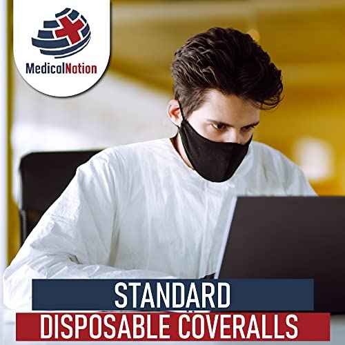Hazmat Suits Disposable | 5 Pack, Large | Non-Hooded Protective Coveralls - Heavy Duty Full Body Painters Suit for Men & Women Without Hood - Breathable & Water Resistant - Large