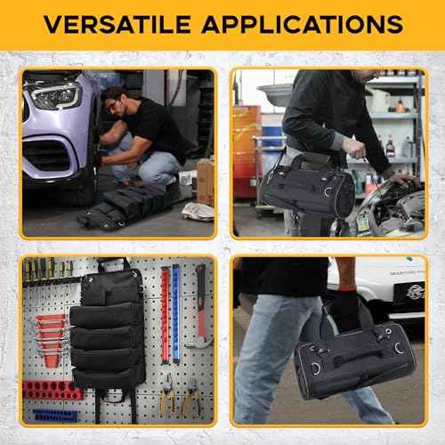 Heavy Duty Roll-Up Tool Bag with 2 Detachable Zipper Pouches, Compact and Portable Large Capacity Tool Storage, Versatile Tool Organizer for Mechanics, Electricians, and DIY Enthusiasts