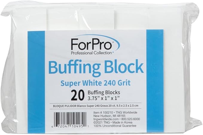 ForPro Professional Collection Super White Buffing Block, 240 Grit, Four-Sided Manicure and Pedicure Nail Buffer, 3.75” L x 1” W x 1” H, 20-Count