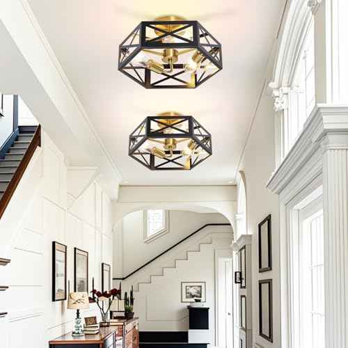 Semi Flush Mount Ceiling Light, Black and Gold Light Fixtures Ceiling Mount with Hexagon Cage, Metal Industrial Close to Ceiling Light for Hallway, Kitchen, Bedroom (Black and Gold, 14.56''L)