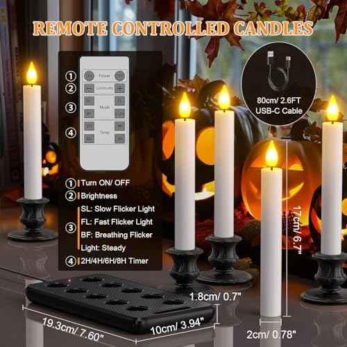 SoulBay 10pcs Flameless Rechargeable Taper Candles, Bright Realistic Flickering LED Electric Candlesticks with Charging Base and Remote Timer for Home Windowsill Christmas Decorations, 0.78" x 6.7"