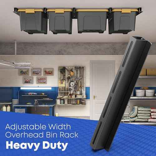 Overhead Garage Storage Rack, Garage Ceiling Storage Racks, Heavy Duty Storage Bin Ceiling Rails for 27 Gallon Totes£¬Tote Storage Rack System -Black (3 Sets for 2 Bins)