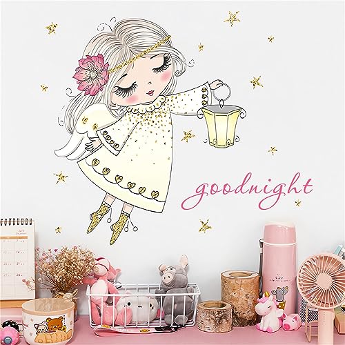 Cute Pink Little Angel Girl Wall Stickers, sacinora Cartoon Good Night Wall Decals Removable Vinyl Peel and Stick for Nursery Kids Baby Children's Room Living Room Bedroom Playroom Art Decorations