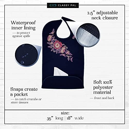 Women's Waterproof Adult Bib with Embroidered Design, Reusable, Washable 3 Pack (Chrysanthemum)