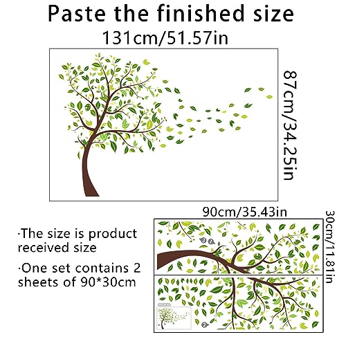 Green Tree Wall Decals Flying Leaves Wall Stickers Green Leaves Wall Decor for Bedroom Nursery Living Room Home Wall Decor (Green-Tree)