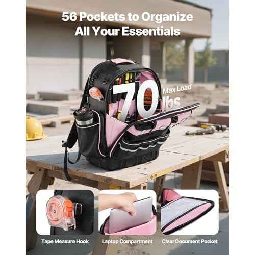 VEVOR Tool Backpack, 56 Pockets, Heavy-duty Tools Storage Organizer Work Bags Backpack with Laptop Compartment & Molded Base, Electrician Jobsite Backpack for Electrician, Repairman, and HVAC Techs