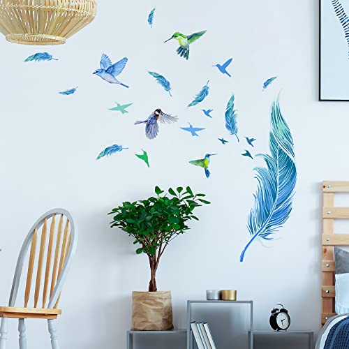 Blue Feathers Wall Decor Stickers, Creative Hummingbird Feather Window Peel and Stick Wallpaper Deacls, DIY Art Mural for Living Room Bedroom Kitchen Laundry Room Classroom