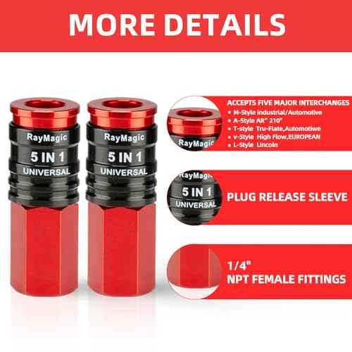 RayMagic 5IN1 Universal Quick Industrial Air Coupler, Air Hose Fittings, 1/4" Female NPT, Quick Connect Air Compressor Accessories, Air Compressor Fittings, 2 PCS RED
