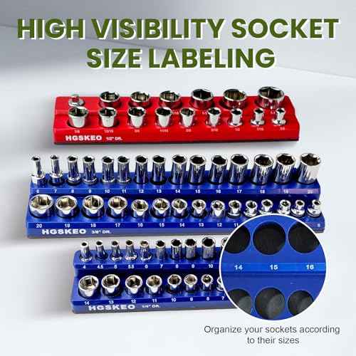 Magnetic Socket Organizer Set, 6 Pcs Red SAE and Blue Metric Socket Tray Set for 1/4", 3/8" & 1/2" Sizes Drive, Socket Holder Holds 143 Sockets for Tool Box
