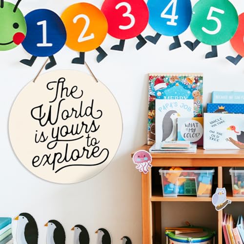 Muktoujaumai Nursery Wall Decor, Adventure Nursery Hanging Sign Decor Kids Room Wall Decoration Wood Sign for Playroom, Toddler Room, Toy Room, Classroom, The World Is Yours to Explore