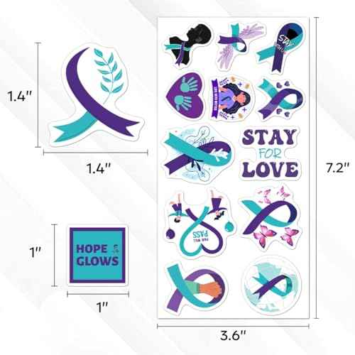 108 PCS Mental Health Awareness Stickers Pack, Vinyl Waterproof Teal and Purple Ribbon Stickers for Laptop Water Bottle Scrapbook, Positive Affirmation Decals for Kids Teens