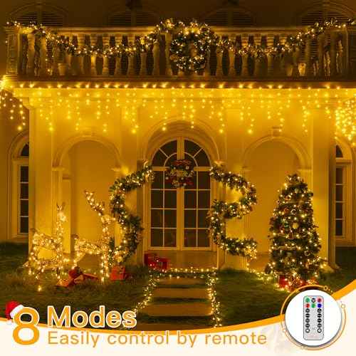 Ollny Icicle Lights for Outside 1000LED 82FT, Warm White Christmas Light with Remote 8Modes Timers Waterproof Dimmable, Plug in Hanging Lights for Outdoor Indoor House Roof Holiday