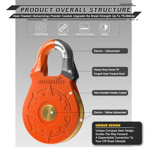 AUTMATCH Winch Snatch Block 18 Ton - Winch Pulley (79,366 Lbs) Break Strength, Heavy Duty Off Road Recovery Towing Pulley Blocks for Synthetic Rope or Steel Cable, Truck, UTV, ATV, Orange
