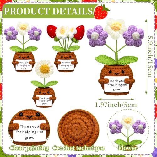 Wavwavw 3 Pcs Teacher Appreciation Gift Positive Flower Handmade Crochet Doll Thank You for Helping Me Grow Gift Teacher Appreciation Week Gifts for Women(Strawberry, Puff and Sunflower)