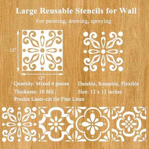 4-Pack Large Spanish Tile Stencils 12"x12" Reusable Floor Stencils Wall Templates for Painting on Floors, Tile, Concrete Patio, Wall, Furniture, Canvas, Spanish Talavera Stencils
