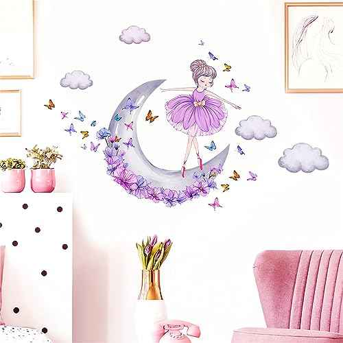 Lovely Purple Moon Girl and Clouds Butterfly Wall Stickers, sacinora Art Wall Decals Removable Vinyl Peel and Stick for Nursery Kids Baby Living Room Children's Room Bedroom Decorations