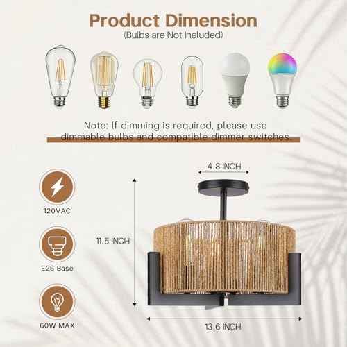Boho Light Fixture,13.6'' Rattan Ceiling Lights,3-Light Coastal Semi Flush Mount Ceiling Light Fixture,Farmhouse Chandelier, Nursery Light Fixtures,Flush Mount Lights for Bedroom Entryway