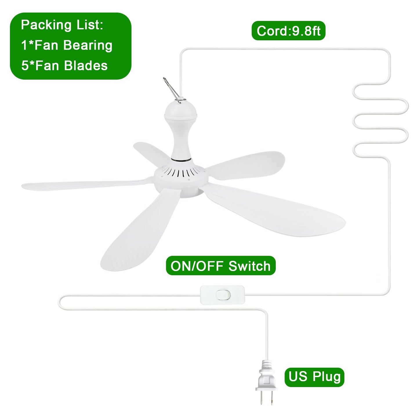 ISTRUESDA 28" Inch Ceiling Fan AC 110V Gazebo Fans Plug in Ceiling Fan Hanging Fan for Tent Bedroom Porch Small Room RV Garage Dorm