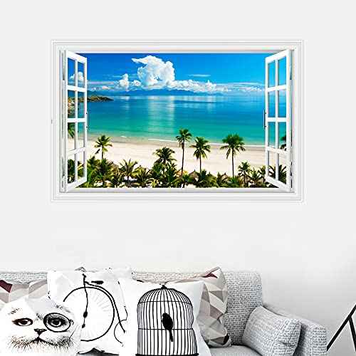 Kiddale Fake Windows Wall Sticker, Removable 3D Beach Seascape Faux Windows Wall Decals for Bedroom Living Room Decoration,27.5"x18"