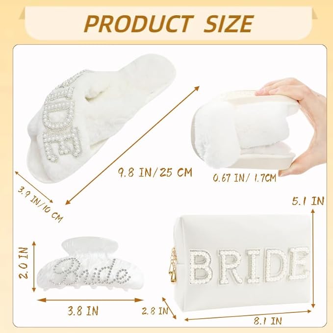 Bridal Shower Gifts, Bride to Be Letter Makeup Bag with Pearl Rhinestone Fuzzy Bride Slippers, Hair Clip Wedding Engagement Gifts for Her, Bachelorette gifts