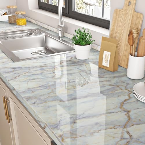 Livelynine Light Blue Gold Marble Contact Paper for Countertops Peel and Stick Desk Cover Table Bathroom Counter Top Wrap Kitchen Vinyl Waterproof Marble Wallpaper for Walls Self Adhesive 15.8x78.8