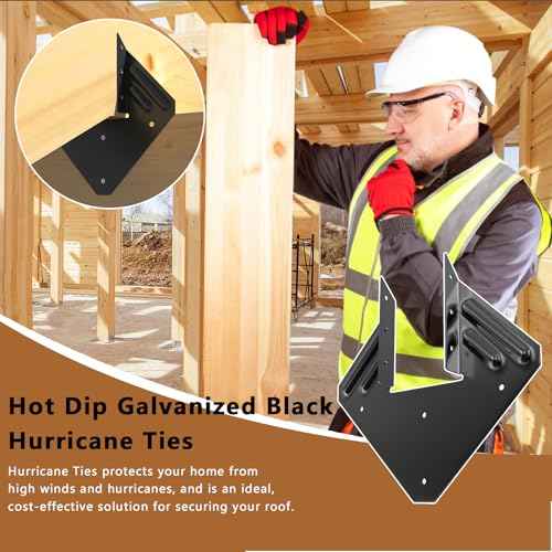 50pcs Hurricane Ties for Rafter, 14-Gauge Hurricane Straps Brackets Fit 2x4, 2x6 Truss to Rafter Connector, Hot Dip Galvanized Black Joist Hangers for Roofing Wood Timber, Hurricane Clips with Gloves
