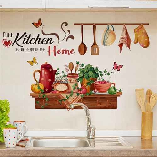 Bowl Kitchenware Utensil Shelf Wall Stickers, sacinora Kitchen is the Heart of Home Butterfly Green Plants Wall Decal Removable Vinyl Peel and Stick for Kitchen Dining Restaurant Baking Room Bar Decor