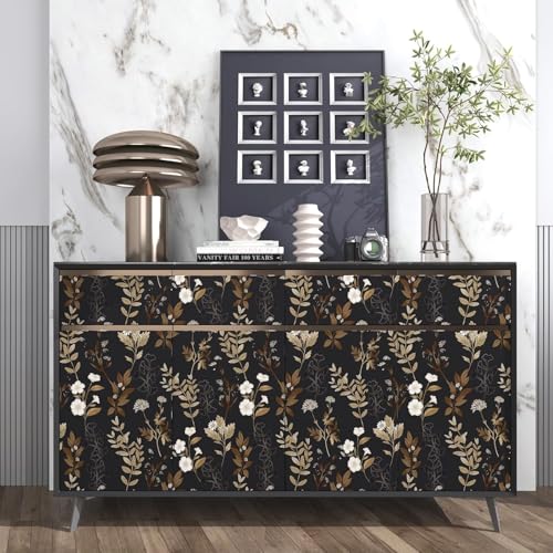 Black Floral Wallpaper Peel and Stick Gold Leaf Contact Paper Leaf Wallpaper Waterproof Self-Adhesive Wall Covering for Bedroom Countertop Desk Cabinets Decor 17.4" x 78"