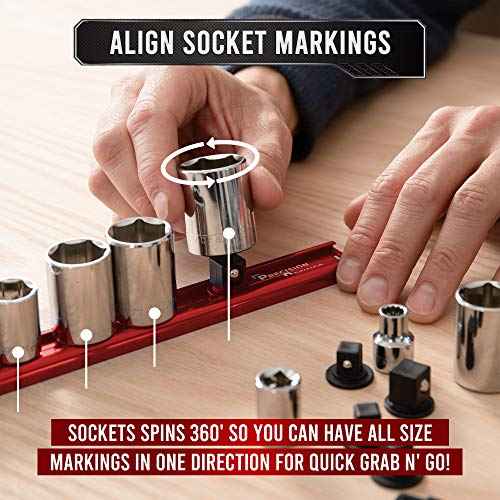 Precision Defined Aluminum Tool Socket Holder 3-Piece Set | Red, 1/4-Inch x 16 Clips, 3/8-Inch x 16 Clips, 1/2-Inch x 14 Clips | 360 Rotation - Heavy Duty Socket Rails Organizer, Socket Storage