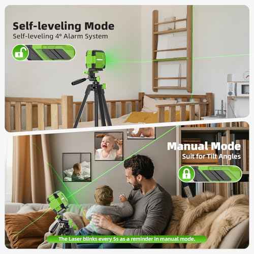 Laser Level with 60in Tripod, HUEPAR 98Ft Self Leveling Laser Level Green Line Laser Cross Line Laser Leveler Tool for Picture Hanging, Tile, Home Renovation, Indoor Project, Battery&Goggles Included