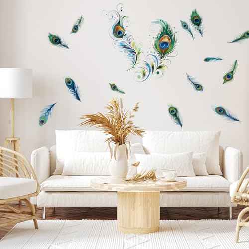 PLIGREAT Peacock Feathers Wall Stickers, Removable Vinyl Peel and Stick Wall Decals Green Tail Feathers Wall Decors for Living Room Bedroom Office Home Indoor DIY TV Background Wall Decoration