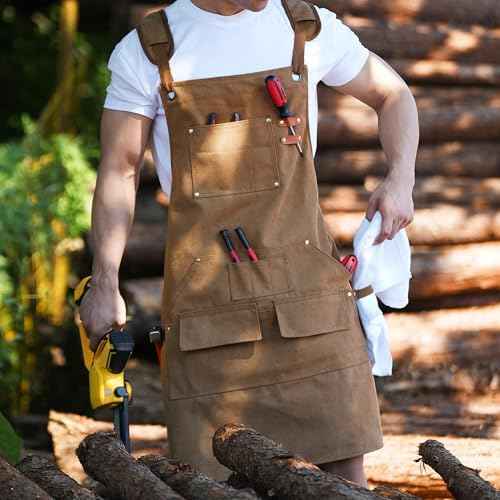 Tosewever Work Aprons for Men with Large Pockets, Canvas Cross Back Heavy Duty Adjustable Tool Aprons for Chef Cooking BBQ