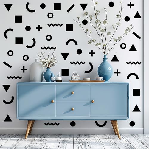 260 Pcs Self-Adhesive Abstract Geometric Shape (Triangle, Circle, Square) Wall Stickers - 10 Sheets Removable Vinyl Wall Decasl for Home, Office, Kids Room, Nursery, Playroom Decor (Black)