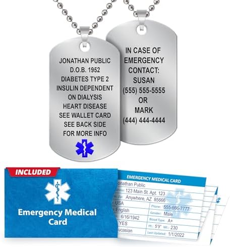 Medical Alert Necklace for Men â Customizable Laser Engraved ID Dog Tag with 18 Lines, Stainless Steel Emergency Medical Jewelry, 27â Beaded Chain with Medical Card & Personal Health Record Access