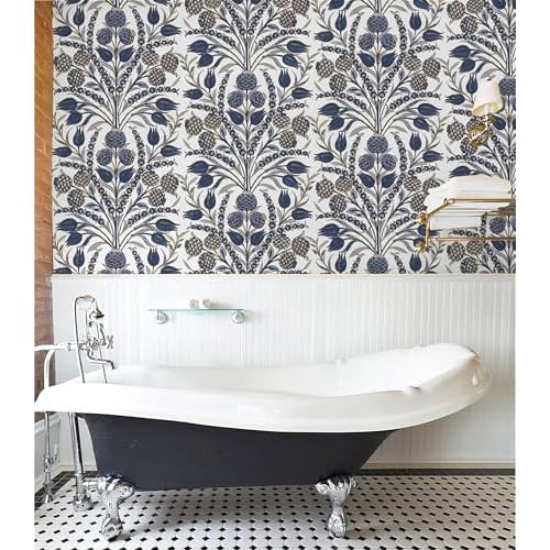 CiCiwind Blue and White Peel and Stick Wallpaper Floral Wall Paper Boho Self Adhesive Renter Friendly Contact Paper for Bedroom Bathroom William Morris Decor Vinyl Rolls 17.3"¡¿78.7"