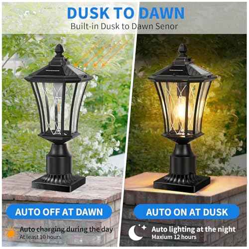 YSN 16" Solar Post Lights Outdoor, Dusk to Dawn Outdoor Post Lights with Pier Mount Base, Black Solar Lamp Posts Light Fixture, Waterproof Light Posts for Outside Yard Garden Patio, 1 Pack
