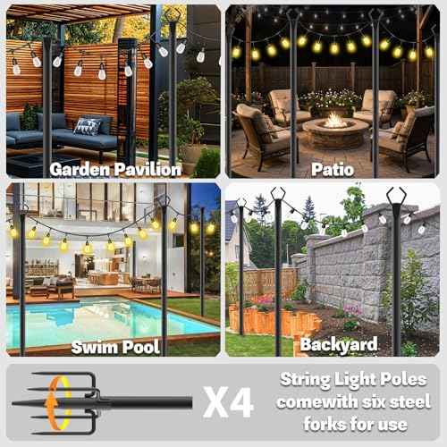 4 Pack 10 ft Heavy Duty Metal String Light Poles Adjustable Outdoor Lighting Stand for Patio,Backyard,Garden,Party & Wedding Rustproof & Sturdy with Hooks