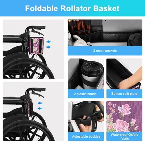 supregear Wheelchair Basket for Back, Large Capacity Wheelchair Backpack Organizer Bag with Multiple Pockets and Cup Holder, Waterproof Storage Pouch for Seniors, Floral Purple
